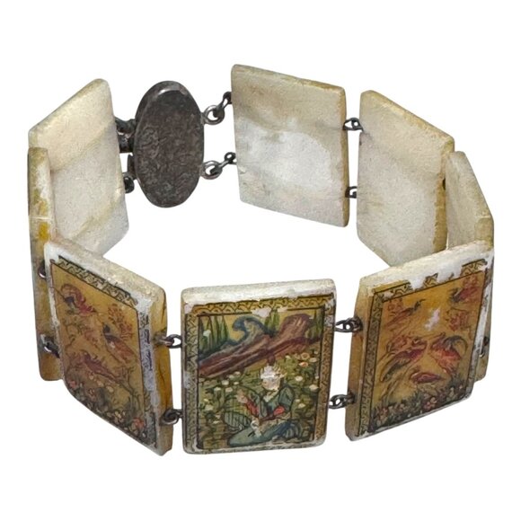 Sterling Silver & Mother of Pearl Hand Painted Panel Bracelet Birds Storyteller - Picture 3 of 16
